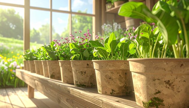 Wooden planter boxes with green herbs on patio.