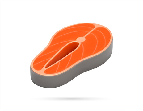 Salmon steak slice 3D rendering. Fresh fish fillet icon for culinary design. Seafood product for restaurant menu, healthy food diet concept. Isolated graphic element on white background.