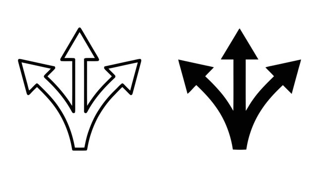 Vector illustration of threeway split arrow icon set, outline and solid style on a transparent background