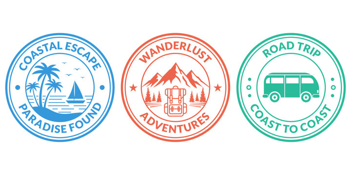 Travel stamp set with Paradise island, Mountain adventure, Road trip. Tourism, Vacation or holiday concept. Vector illustration.