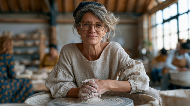 Middle-aged woman returning to a pottery evening class after years away, shaping clay at a wheel surrounded by other adult beginners, hobby reconnection, community college