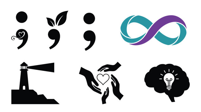 Mental health awareness icons featuring semicolons infinity loops heart hands lighthouse and creative light bulb brain