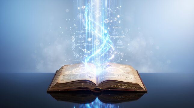 Open Book with Glowing Digital Knowledge and Blue Energy