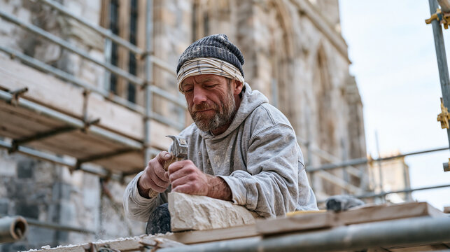 Scottish stonemason chiseling a sandstone lintel on scaffolding beside a centuries old church exterior, dust rising, heritage restoration, traditional masonry trade, architectural