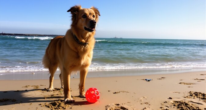 dog at the beach and ocean with plastic ball
