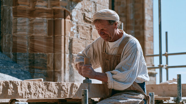 Scottish stonemason chiseling a sandstone lintel on scaffolding beside a centuries old church exterior, dust rising, heritage restoration, traditional masonry trade, architectural
