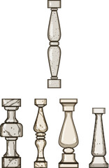 Obraz premium Collection of various stone balusters showcasing different historical and classic architectural design elements for construction and decorative purposes