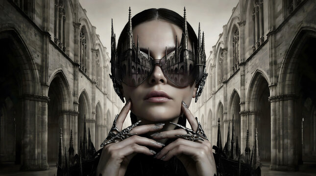 Mysterious gothic portrait of a woman wearing an elaborate mask in a dramatic ancient stone arcade