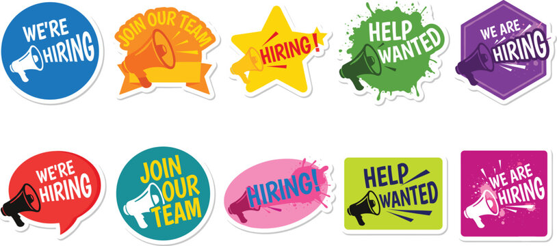 Colorful Hiring Badge Collection with Recruitment Stickers Job Vacancy Labels and Megaphone Vector Icons