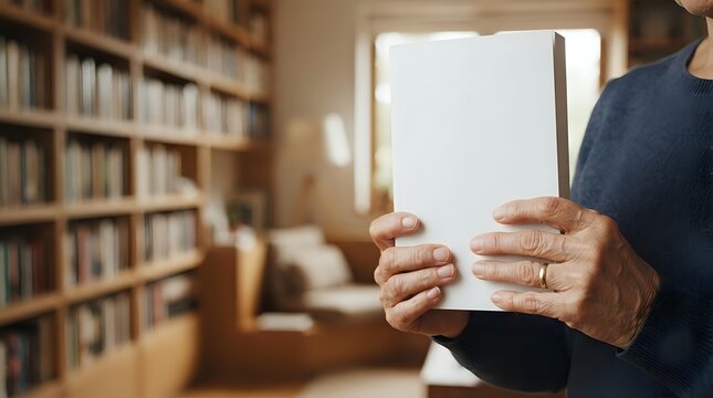 Middle-aged man with light skin tone holding open book in library with wooden shelves and natural window light, suitable for education and reading concepts.