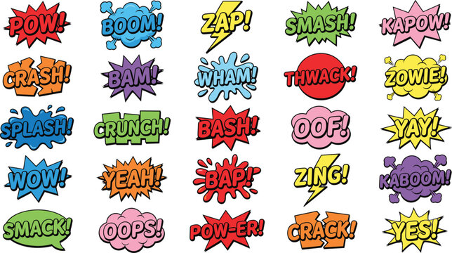 Comic Sound Effect Word Collection with Pop Art Speech Bubble and Explosion Vector Icons