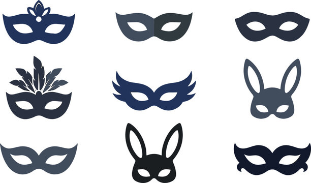 Carnival masquerade mask vector icon set with elegant venetian party and rabbit bunny masks isolated on white background.