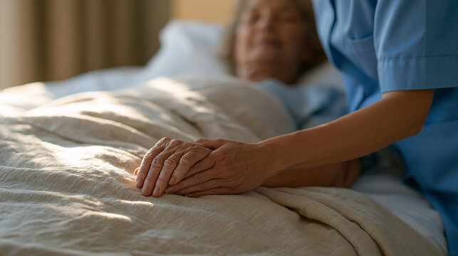 Elder care nurse holding the hand of a senior woman in a residential care room, morning sunlight crossing the bed, geriatric nursing, aged care profession, compassionate