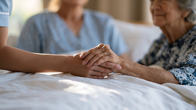 Elder care nurse holding the hand of a senior woman in a residential care room, morning sunlight crossing the bed, geriatric nursing, aged care profession, compassionate