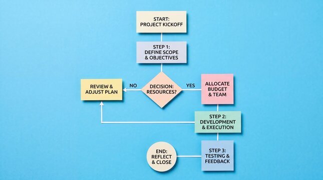 Business decision flowchart for project approval process. Corporate workflow diagram with team collaboration and management review steps.