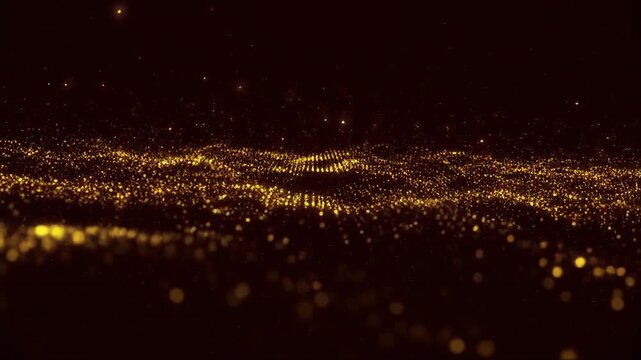 Golden fireflies lighting up dark forest at night