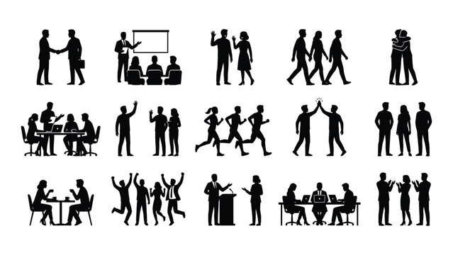 Black silhouettes of business people and social interactions