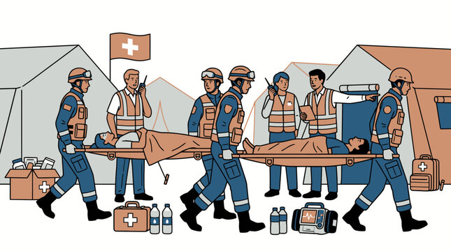 Emergency responders carry injured person on stretcher to medical tent outdoors
