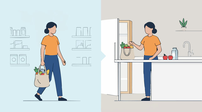 Woman unpacking groceries after shopping, healthy lifestyle illustration
