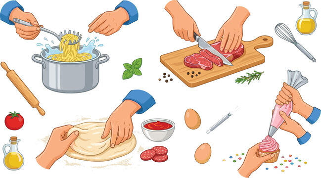 Cooking hands vector illustration set showing human hands boiling pasta, cutting raw meat steak, kneading pizza dough, and decorating sweet dessert cupcakes