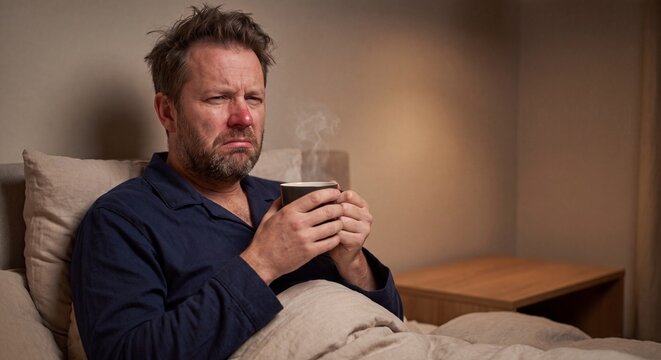 A miserable adult man with a red nose suffering from the flu, sitting in bed and holding a hot steaming mug.