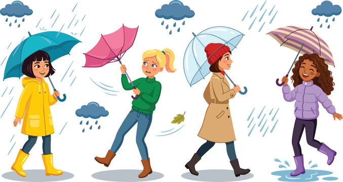 Cute cartoon girls holding umbrellas in rainy and windy autumn weather character vector icon set isolated on a white background