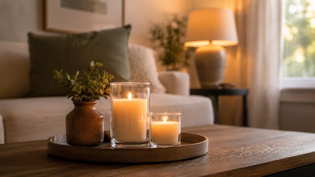 A Cozy Living Room with Glowing Candles and Soft Lighting Creating a Warm Atmosphere for Relaxation and Comfort in a Modern Home Setting