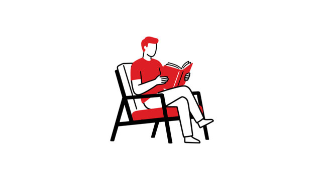 A minimalist illustration of a person sitting in a chair and reading a book