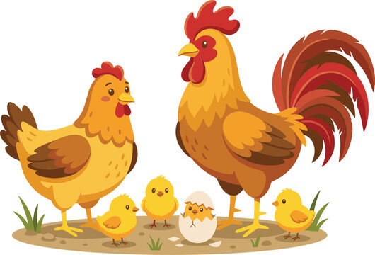 Cute chicken family vector illustration featuring a rooster hen and little yellow chicks with hatched egg isolated on white background.