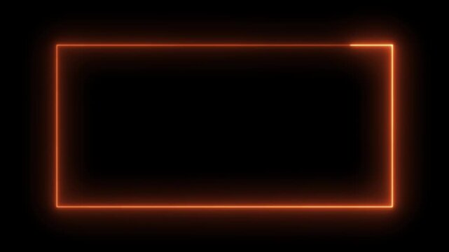 Abstract glowing orange neon frame light loop animation backdrop with rectangle shape glowing border isolated on black background for gaming screens social media alpha channel overlays. 4k