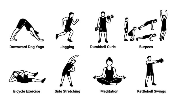 Fitness activity icons vector illustration with labeled yoga, jogging, dumbbell curls, burpees, stretching, meditation, and kettlebell exercises for design