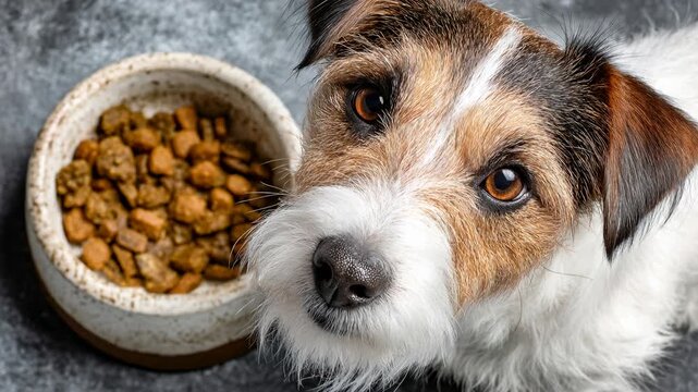 Dog looking at bowl of food in kitchen at home Generative AI