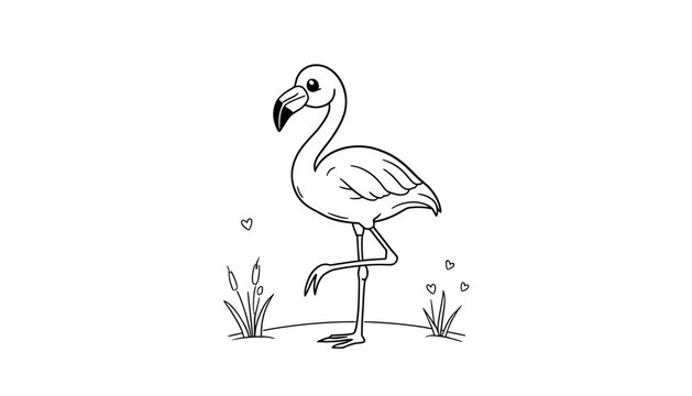 Cute baby flamingo standing on one leg. Simple line art drawing of a tropical bird.