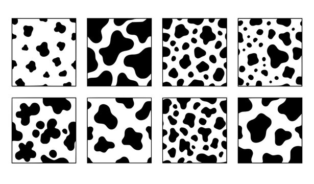 Cow skin texture swatches isolated collection with eight different black and white spot pattern variations for print and fabric design