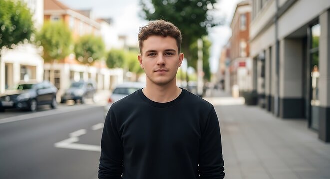 Young man standing in a city street wearing a black long sleeve shirt during the day