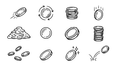 Hand drawn doodle coin icons set with falling, stacked, spinning, sparkling, bouncing, and pile of money illustrations on white background © Abdullahall
