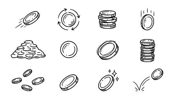 Hand drawn doodle coin icons set with falling, stacked, spinning, sparkling, bouncing, and pile of money illustrations on white background
