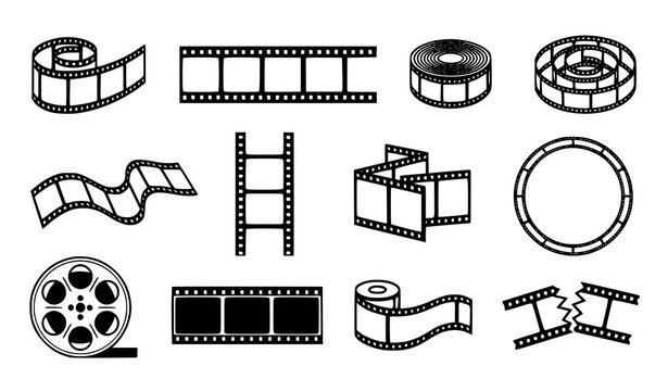 Vintage film strip elements collection with curled reel, wavy tape, torn strip, ladder frame, and cinema roll icons on white background