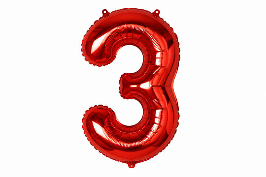 A large, shiny red foil balloon shaped like the number 3 is displayed against a white background.