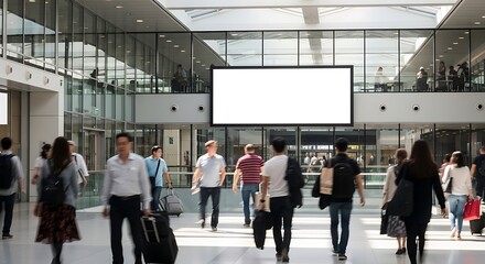 Fototapeta premium Large blank billboard sign hanging in a busy modern airport terminal with many people walking and carrying luggage