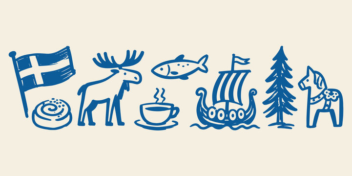 Swedish Symbols Doodle Set Hand Drawn Vector Illustration