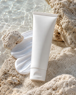 Natural Mineral Sunscreen with Zinc Oxide in White Tube on Beach Sand and Coral