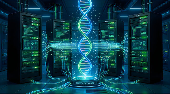 3d glowing dna strand with digital data code and binary numbers in futuristic tech background
