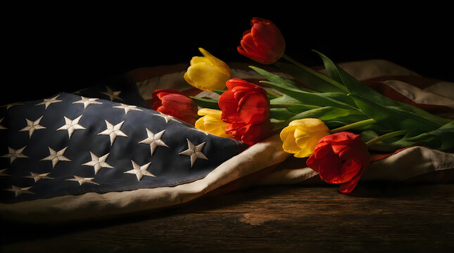 Remembrance day american flag with tulips honoring veterans and fallen heroes