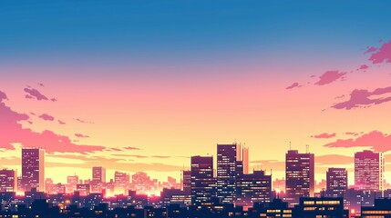 Obraz premium 夕焼けに染まる都市のビル群と輝く美しい夜景