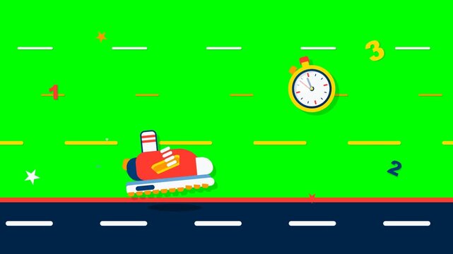 Cartoon Running Shoe Moving on Athletic Track with Stopwatch Timer and Green Screen Background