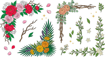 Elegant floral corner border vector illustration set featuring romantic pink roses, marigolds, eucalyptus leaves, wooden branches, and delicate white wedding flower arrangements © Mst