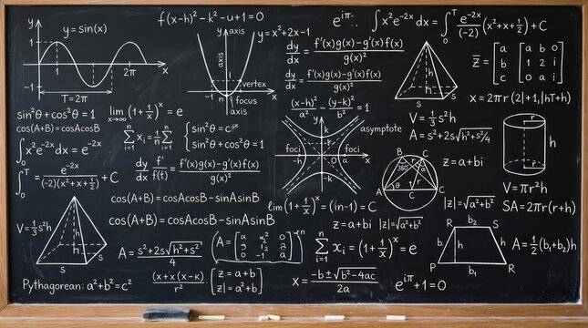 A teacher writes complex mathematical equations and diagrams on a blackboard in a classroom.
