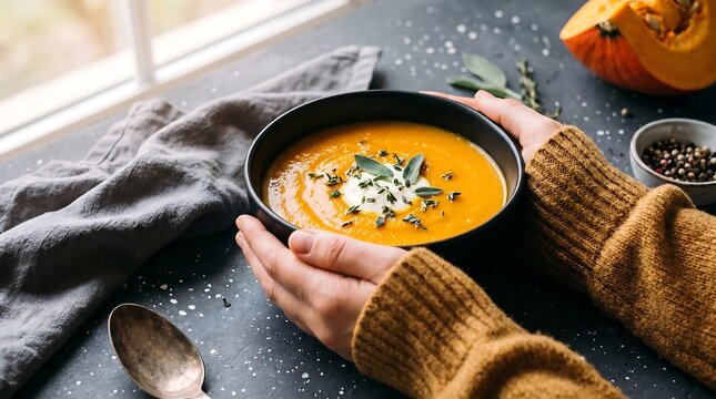 Warm and cozy pumpkin soup in a black bowl with fresh herbs