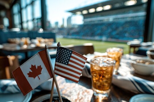 Flags of Canada and USA on table, showcasing friendship amid vibrant stadium scene.